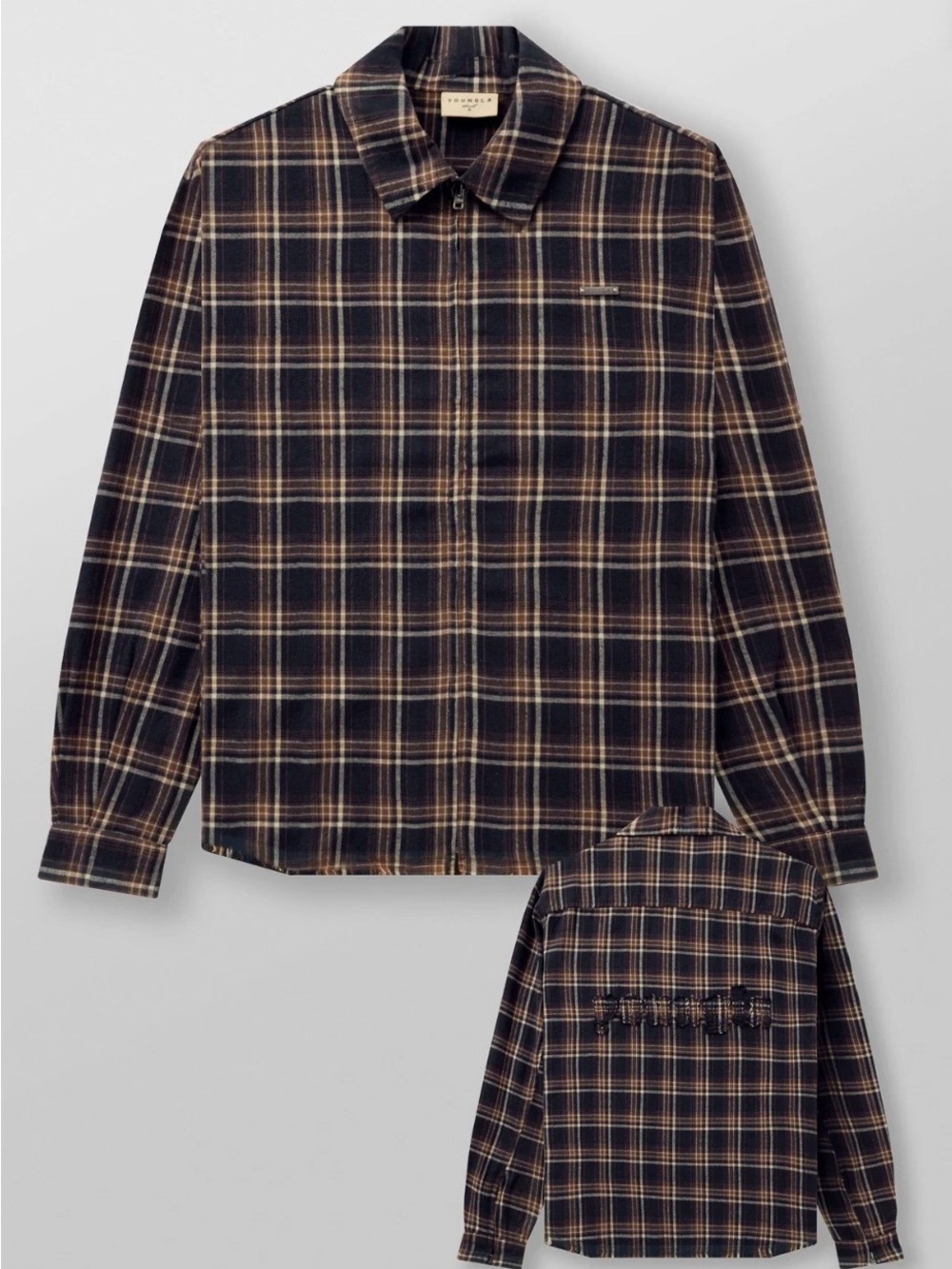 YoungLA Plaid Zip-Up Shirt Jacket in Navy and Tan Men’s Size X-Large